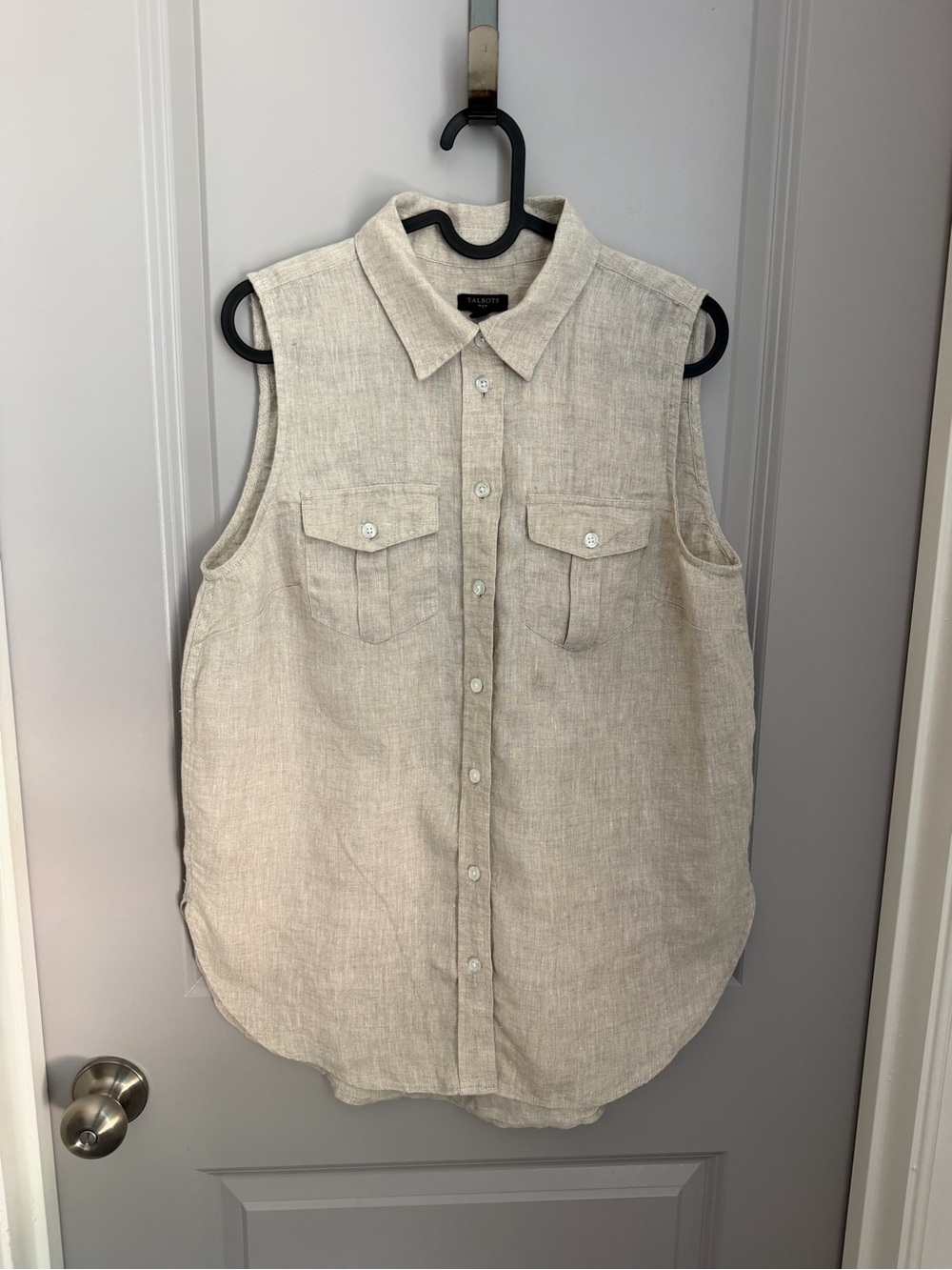 Talbots Women’s Petite PM Beige Linen Woven Solid Sleeveless Collared Button-Up